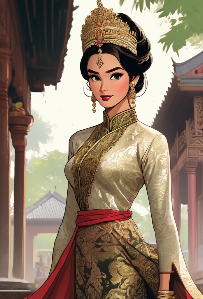 Draw a picture of Queen Ken Dedes from the Javanese Singosari Kingdom, looking naturally beautiful and sexy, with sharp eyes, wearing traditional Javanese royal clothing, with a Javanese temple in the background.