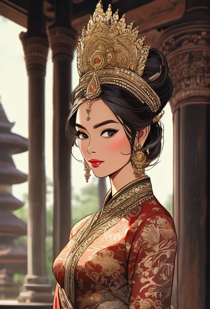 Draw a picture of Queen Ken Dedes from the Javanese Singosari Kingdom, looking naturally beautiful and sexy, with sharp eyes, wearing traditional Javanese royal clothing, with a Javanese temple in the background.