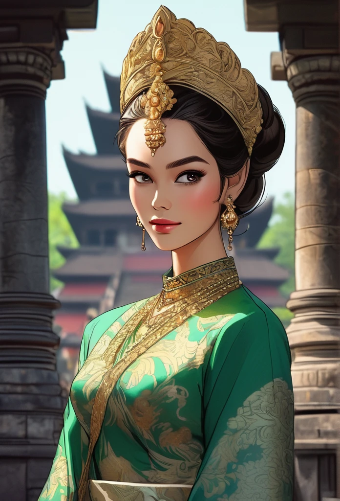 Draw a picture of Queen Ken Dedes from the Javanese Singosari Kingdom, looking naturally beautiful and sexy, with sharp eyes, wearing traditional Javanese royal clothing, with a Javanese temple in the background.