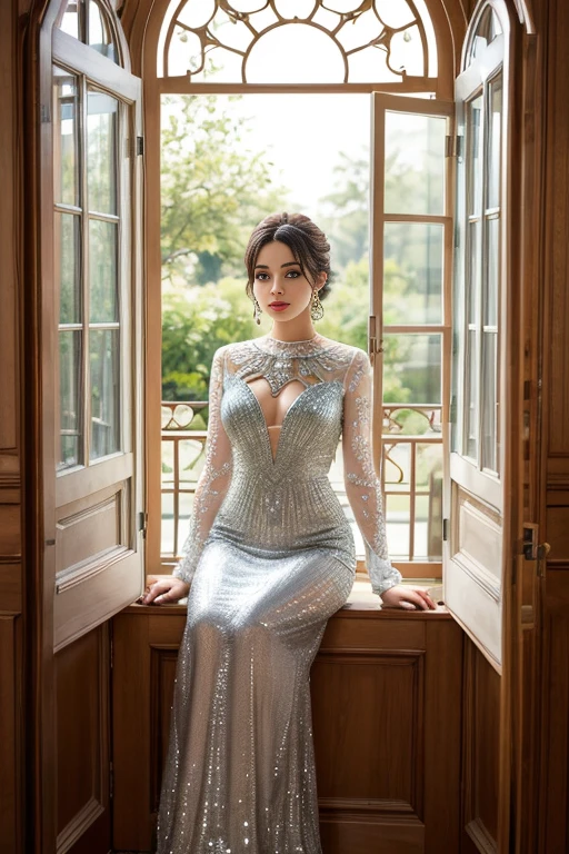 A young woman with intricate jewelry, seated by a window. She wears a detailed dress adorned with shimmering embellishments. The room has a luxurious ambiance, with ornate designs on the window frame and a mirror reflecting the surroundings. The woman's gaze is directed towards the viewer, and she appears contemplative.Signed Soniam., illustration, photo, fashion, conceptual art, vibrant, painting