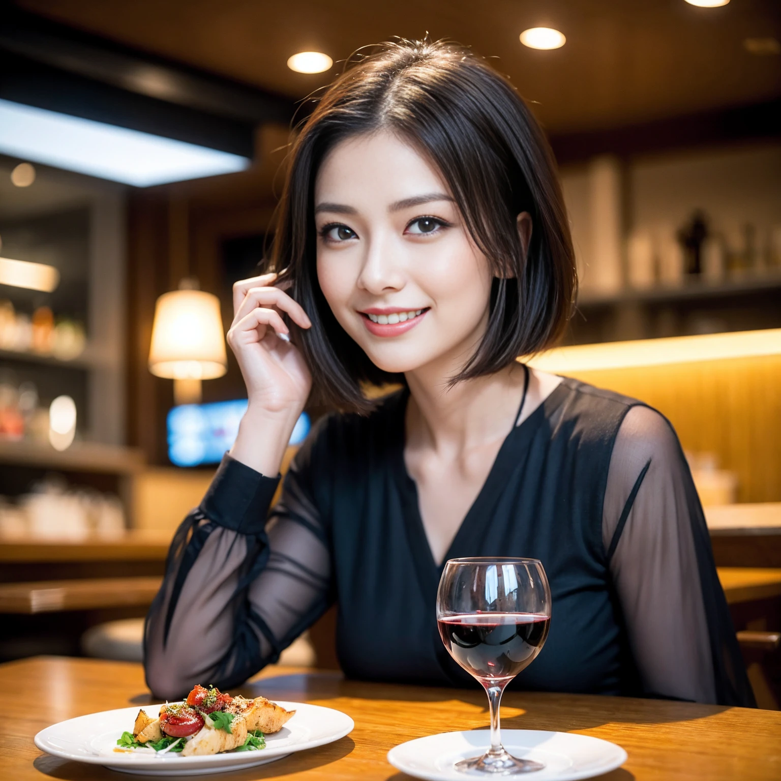((Highest quality、8k、masterpiece:1.3))、slimカップル、modelカップル、(Realistic, Intricate details:1.2), full-course dinner、Wine Party、Amazing view of the sunset sky and clouds、A bright smile、The wonderfulness of smile、Bright image、The beauty of wine, Beautiful Face, blue eyes, The light shines on your face, blush, short hair,Bright Face、 (Age 37), 39 years old, red wine 、Appetizers、Italian food、Wine bottle、Champagne、sparkling wine、Two beauties、Brown Hair、Shortcuts、Long sleeve shirt、dress、Beautiful woman 1, (slimな顔), (The body is slim), (Brown Hair), (Shortcuts), cheeks turn a little red,Attractive beauty、restaurant, In a prominent place (From the waist up) Nova Frog Style, actress, model, Upper Body, White wine, slim, wine glass, 中央に置かれたwine glass, smile, (smile: 1.15), Beautiful fine grain, Depth f/2,saturation, High Contrast, Strong light and shadow,Moist Body:1.5、3D texture、Delicate eyes、Brown Hair、The hair is very shiny、