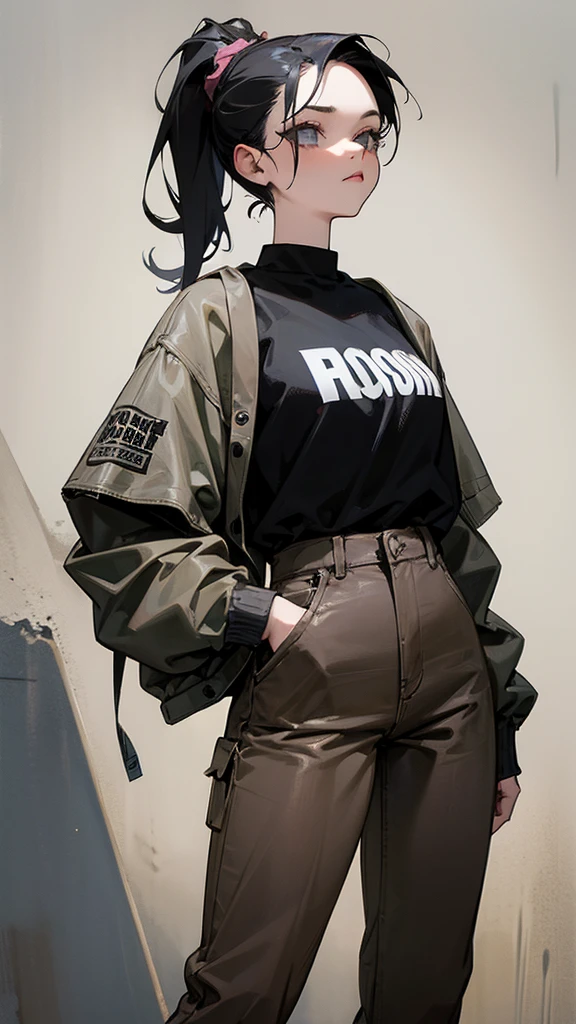 Woman, 20 years old, black ponytail style hair, outfit grunge.