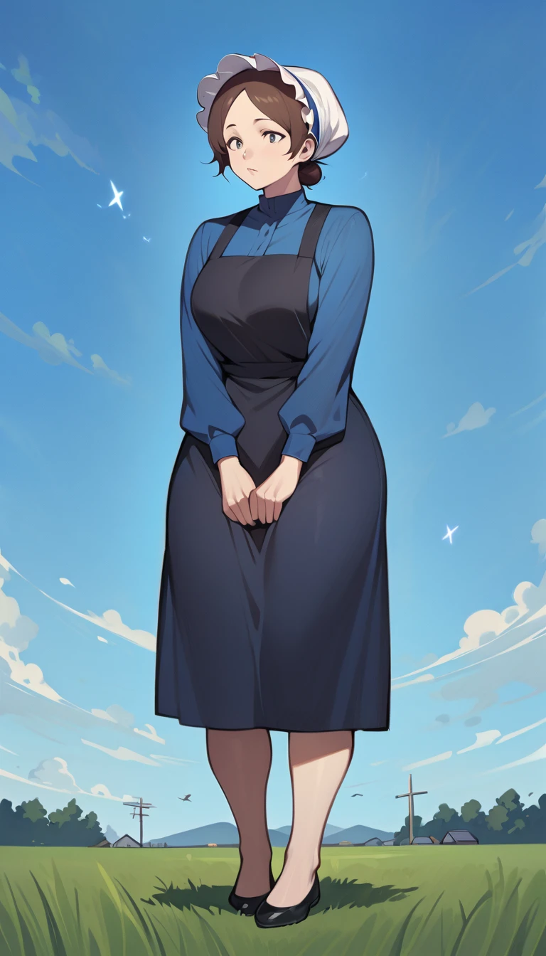 adult amish woman, 40 years old, pale skin, long sleeved blue dress, small black apron over her  blue dress, full body shown, very short brown hair in a conservative sleek bun, white bonnet kapp, wide hips, thick thighs, wearing simple black flats, thick legs, slightly below the knee dress, slight face wrinkles, tight sleeves, standing upright in a farm field, no makeup, round face, hands on lap, side view,
