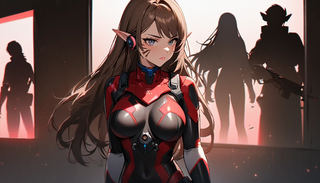 Noble Elf, Blue eyes, 1Girl, (d.e (overwatch):0.8), alone, Long hair, Whisker markings, Tight suit, Brown hair, Face Marks, mitts, breasts, brown eyes, pilot suit, Cowboy-shot, earphone, White gloves, mittlere breasts, curved bangs, skintight, Animal print, bangs, Hasen-druck, Ribbed one-piece tights, Face painting, Pink lips, lean against the wall, holding pistol, serious look, questionable, caring, Investigation procedure, dunkle Gasse, natta, natta sky, red light, (Silhouette, hard light:1.2), Nordic style, high quality, beautiful picture, masterclass!