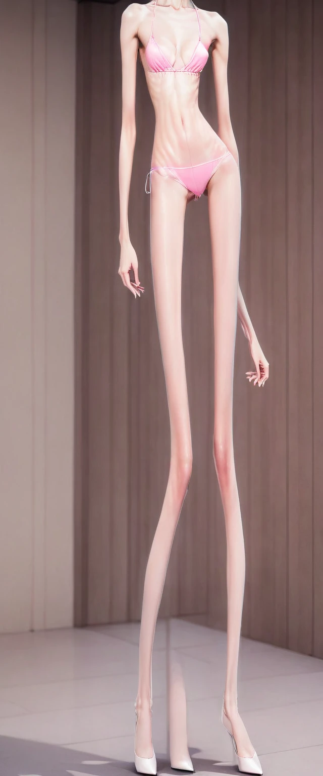 Very Very thin anorexia long elongated body. Very thin, Unrealistic long and slender legs in pantyhose,The upper body is only wearing a beautiful pink bra,Overall posture from head to toe. Very beautiful cute real face.