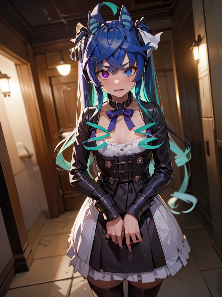(Masterpiece, best quality, high res、highly detailed cg: 1), ‘Are you looking for a sex slave for tonight?’ and a public sex slave invites a man to join her. The scene stars a public sex slave working on a deserted night street. She is wearing a collar and lewd clothes and is flirtatious with her superior. Twin_Turbo_Umamusume, aqua hair, twintails, heterochromia, purple eyes, blue eyes, sharp teeth, nsfw, short stature, small breasts, (((slave))), Lowdown, Slave trained