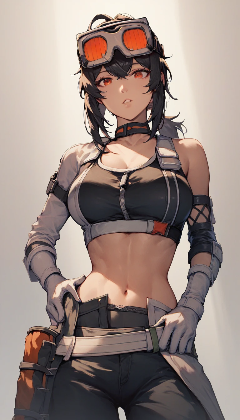 score_9, score_8, score_8_up, gracehd-ponyxl, 1girl, black choker, black gloves, white gloves, black pants, black sports bra, elbow gloves, goggles on head, looking at viewer, low ponytail, medium breasts, parted lips, white gloves, zipper, belt