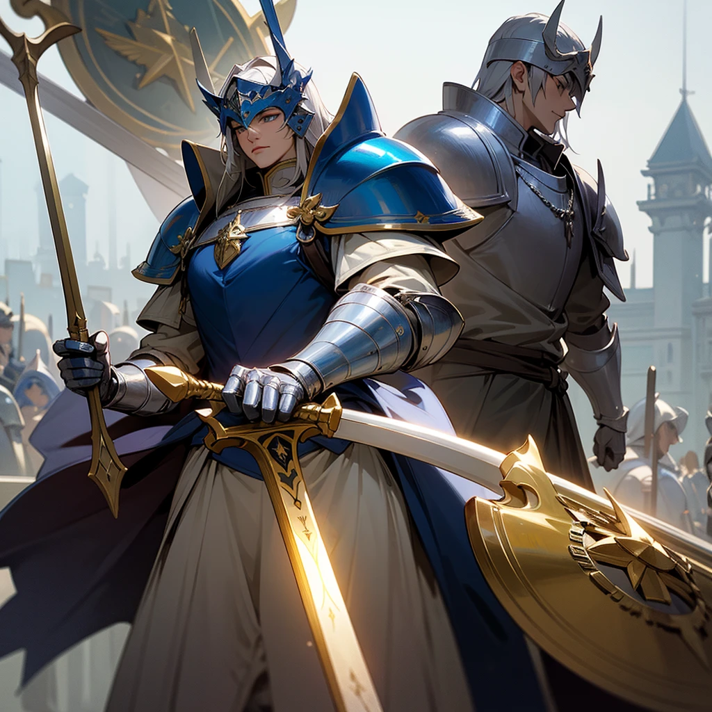 high resolution、The knights、Brave man。He was wearing gorgeous silver armor.、Big silver shield、have a golden sword。
Medieval European fantasy。
beautiful。