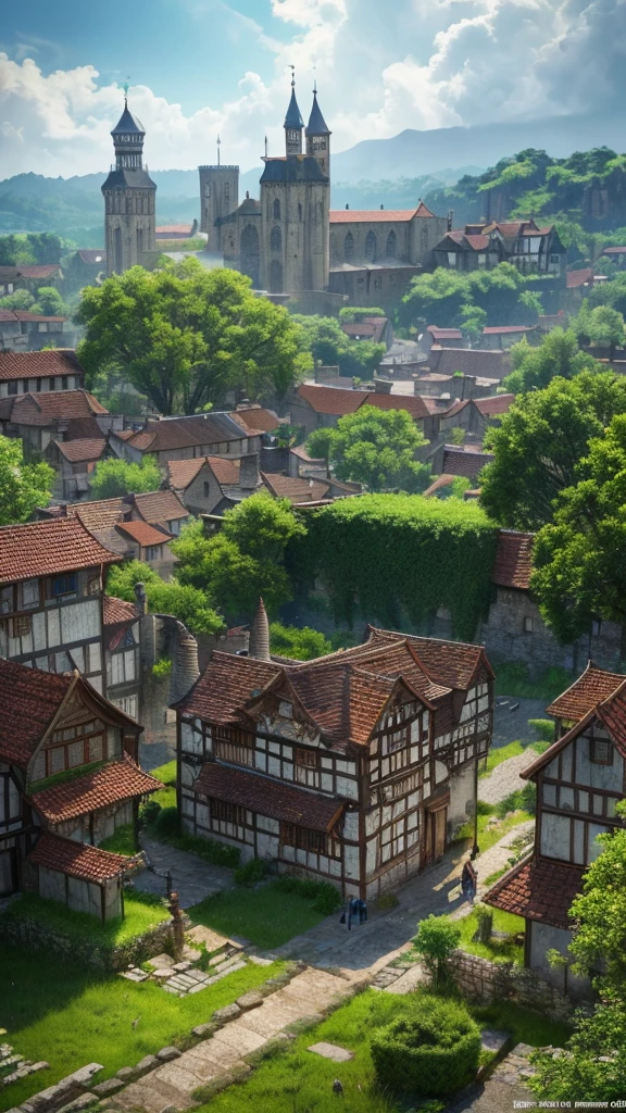 4K, Realistic, Very detailed, Wide-angle lens, Wet medieval town, Vibrant, Fantastic plants, Big House, Makoto Shinkai style, Anime Background, Concept Art, (Characters are not displayed), Realistic lighting, A magnificent composition, Spread, (masterpiece, Highest quality), Super HD, 32K --v 6