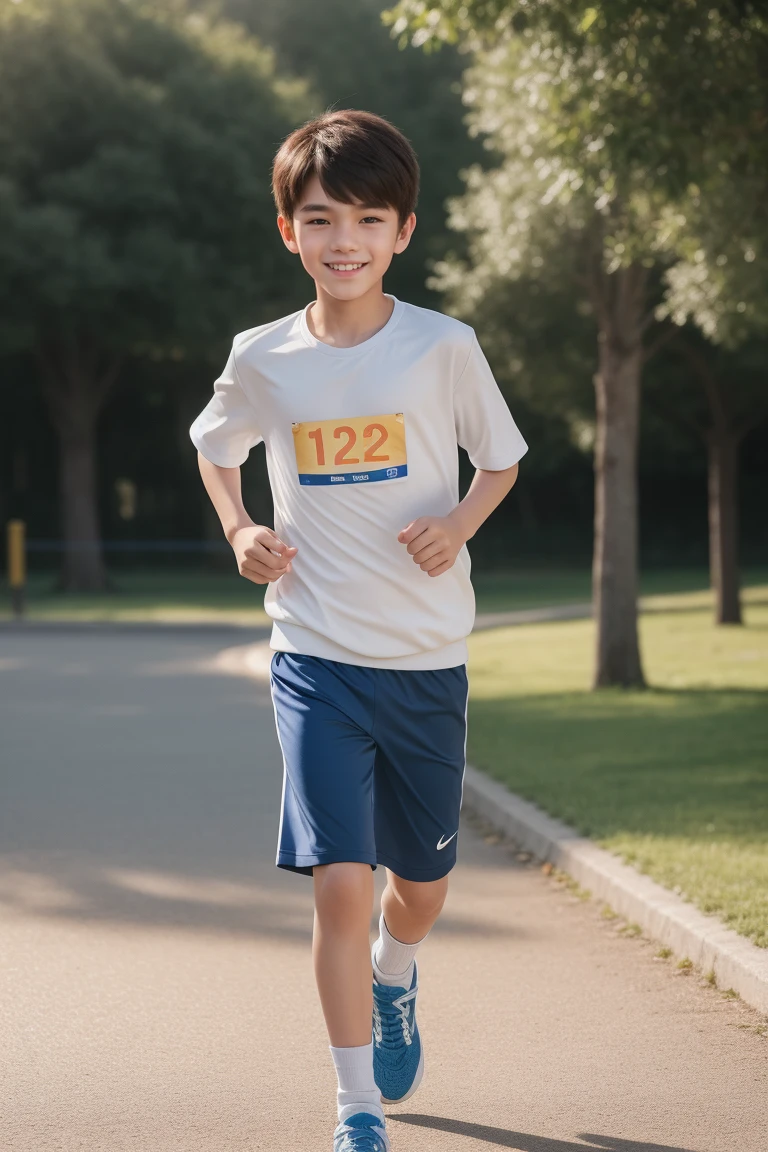 12-year-old boy,Smile,Spread your white and slender legs,jogging,full body,8K facial features are exquisite,Handsome boyish feeling,8k,masterpiece,((best quality)),photography,photograph