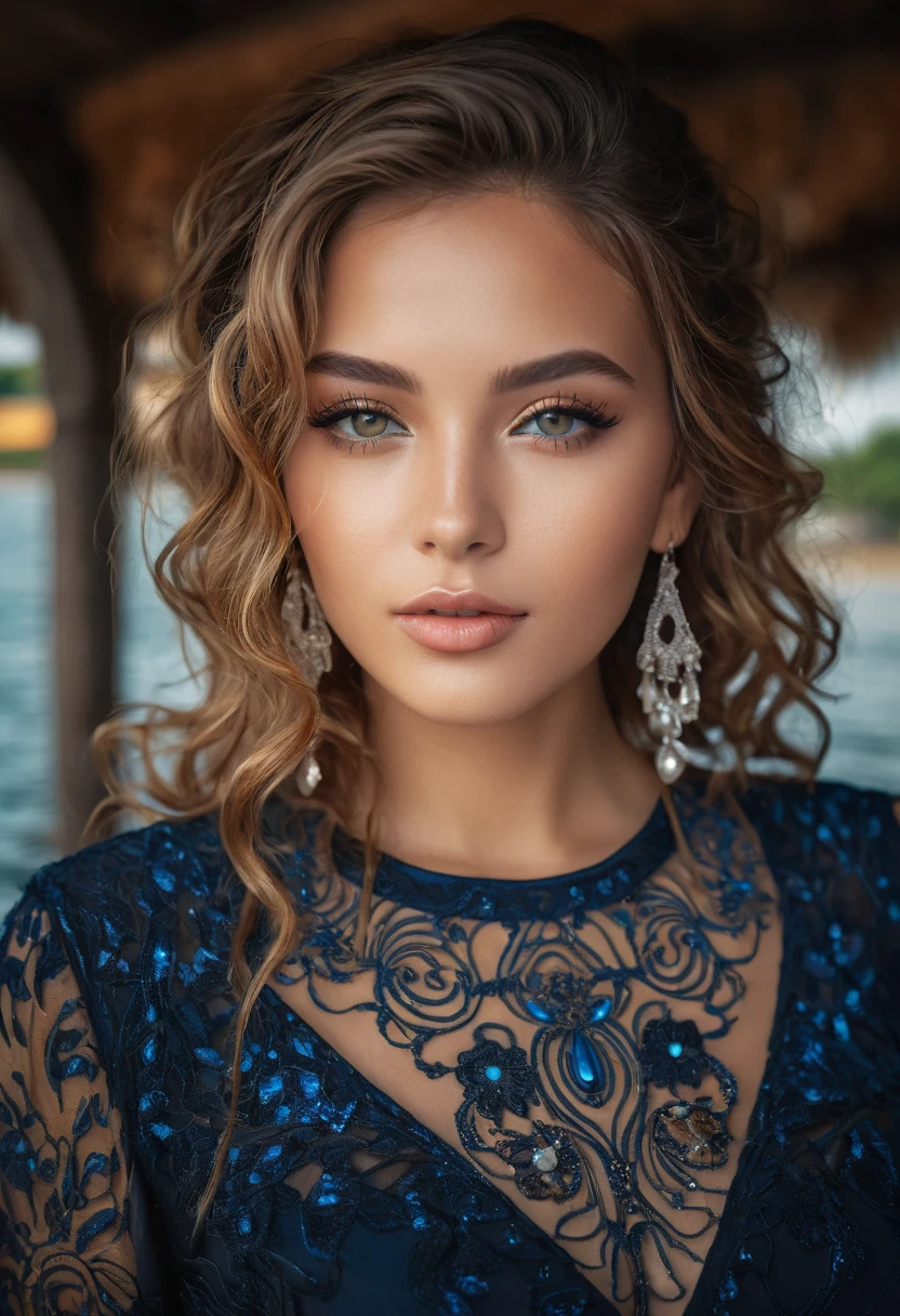 26 year old woman (eyes the color of honey, wavy hair), (Talented DJ mixes vibrant rhythm of music). The scene, captured in a photograph, exudes elegance and sophistication. The image is a visual feast, with rich colors and intricate patterns that highlight a Tabasco river with blue water flow in the background.. This impressive photograph in 8k and RAW, capture a moment of glamor and extravagance, drawing viewers into a world of beauty and charm.