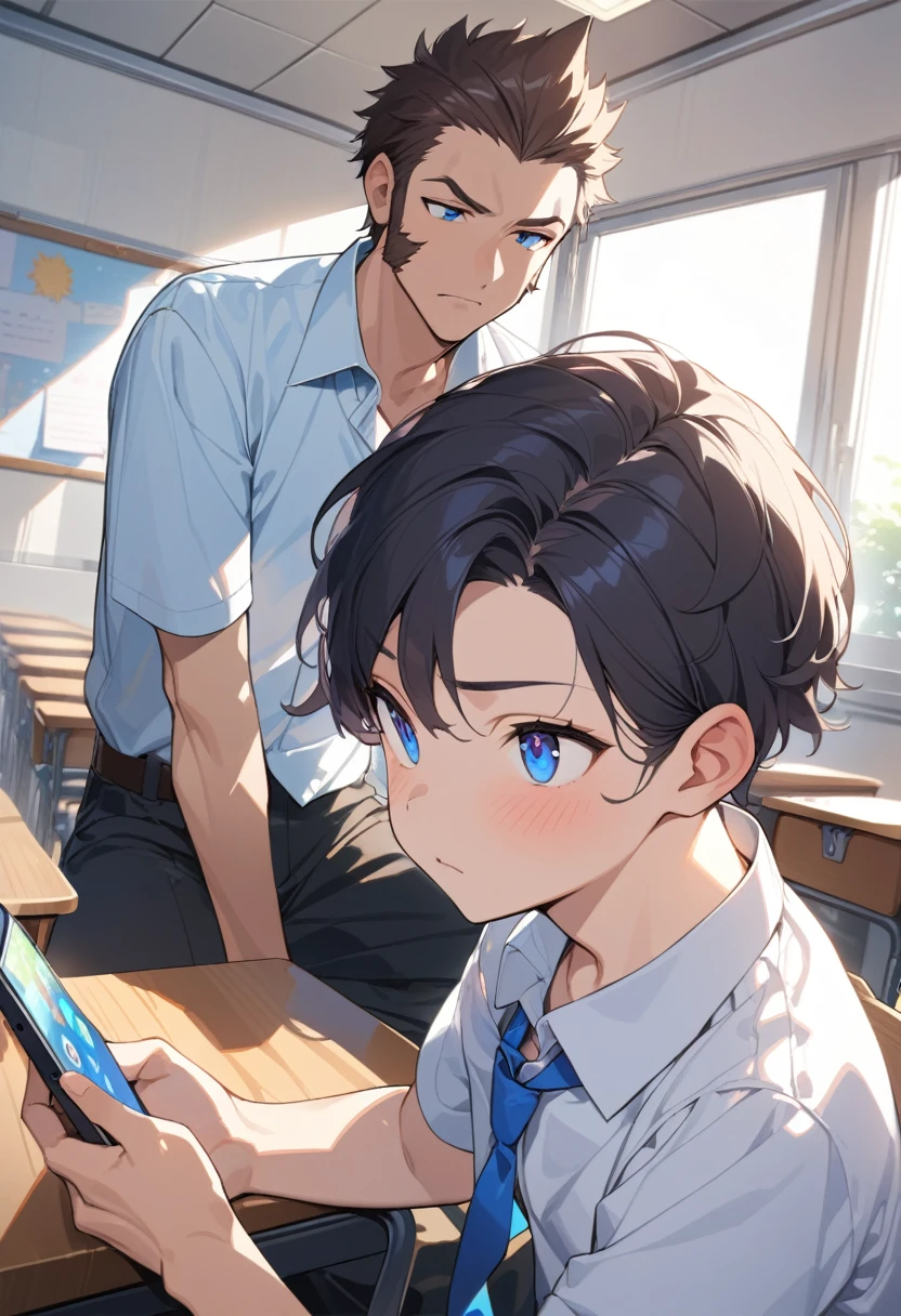 masterpiece, best quality, extremely detailed, ultra detailed, flat anime, 2D, ((1boy)),black hair, (short hair:1.5),blue eyes, height 1.7meters, (circle eyes:1.2), (young adult:1.2), Ear-length sideburns,height 1.7meters, High School Uniforms, white shirt, blue tie, ((short sleeves)), ((long pants)), sitting, closed mouth, thinking, upper body, summer, classroom, 11AM,looking at his smart phone., Operating a smart phone