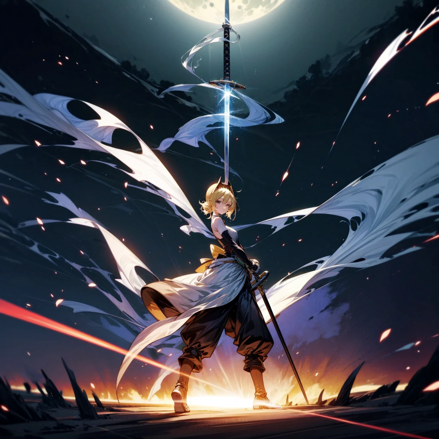 1girl, Full body version, 1character, black eyes, long Frizzy haircut, blonde colour hair, soldier knight clothing, long pants, headband, armors, boots, Grassroots, full background in field, motion blur, lighting, (one piece art), standing poses, sword in hand, lighting effect on sword, lighting blue on sword, fire effect, plasma effect, smoke effect moon, Moonlight, high angle view