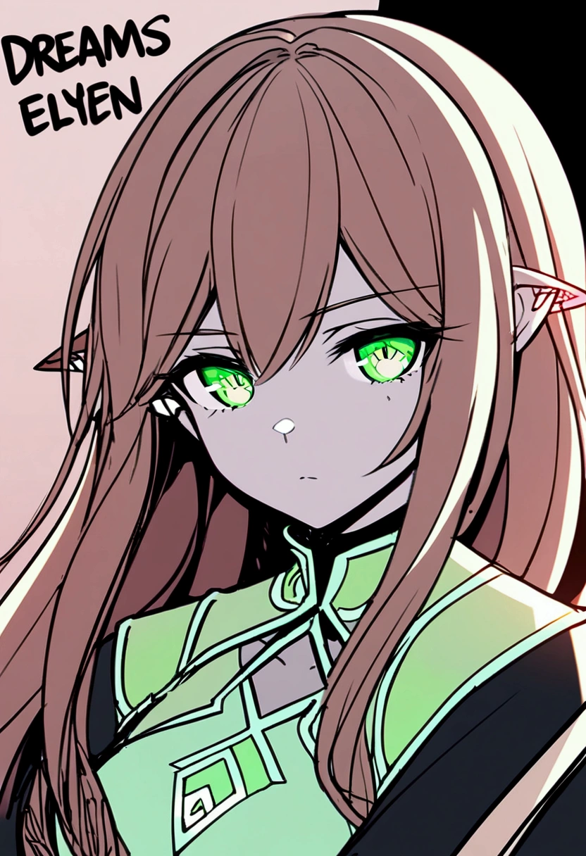 Dreams of Elysium title, dark fantasy, elven woman with long brown hair, dressed in black, green eyes, "dreams of elysium" written in runic font, sketch draw, black and white