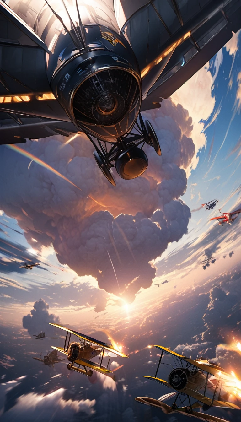 Highest quality, Highest quality, 16K, software, Unbelievably absurd, Very detailed, delicate and dynamic, Natural light, The particles reflect light beautifully, Diffuse reflection of light, Vortex of Light, Aerial, biplane, cumulonimbus, , Create amazing image effects, Body close-up, biplane, (Cute Puppy,,,Serious,, biplaneのパイロット, Leather jacket, Pilot's equipment, Sit in the cockpit, 子犬がbiplaneを操縦する)