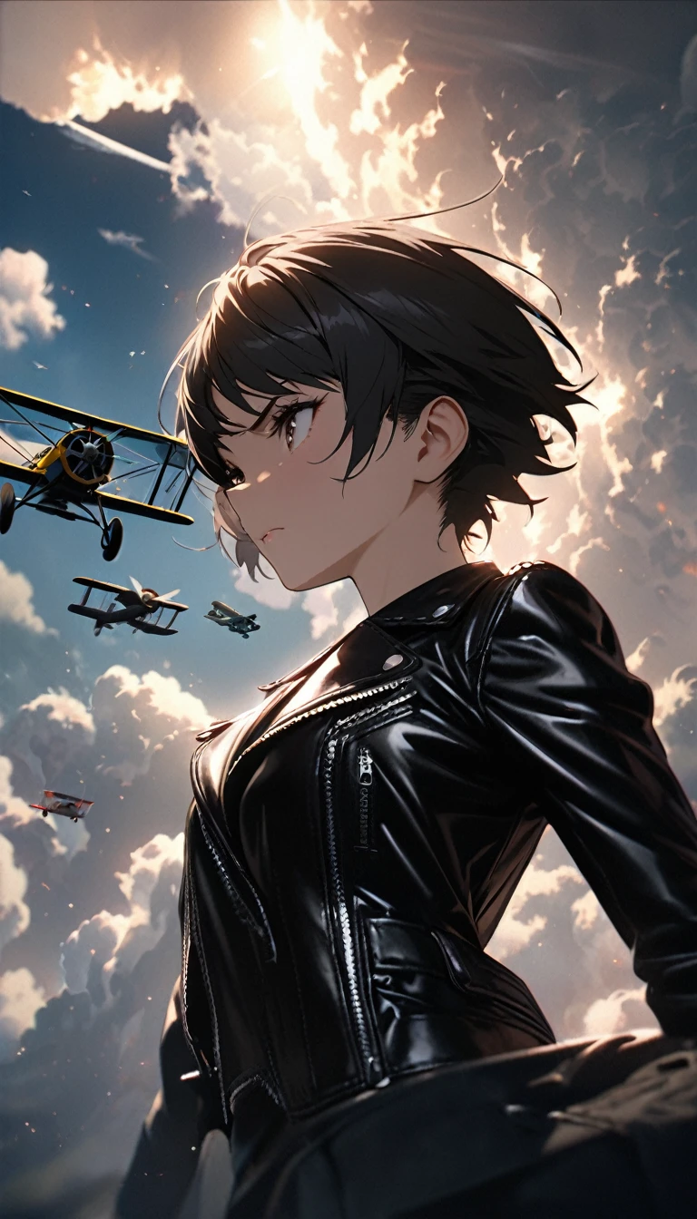 Highest quality, Highest quality, 16K, software, Unbelievably absurd, Very detailed, delicate and dynamic, Natural light, The particles reflect light beautifully, Diffuse reflection of light, Vortex of Light, Aerial, biplane, cumulonimbus, , Create amazing image effects, Body close-up, biplane, (Cute Puppy,,,Serious,, biplaneのパイロット, Leather jacket, Pilot&#39;s equipment, Sit in the cockpit, 子犬がbiplaneを操縦する)
