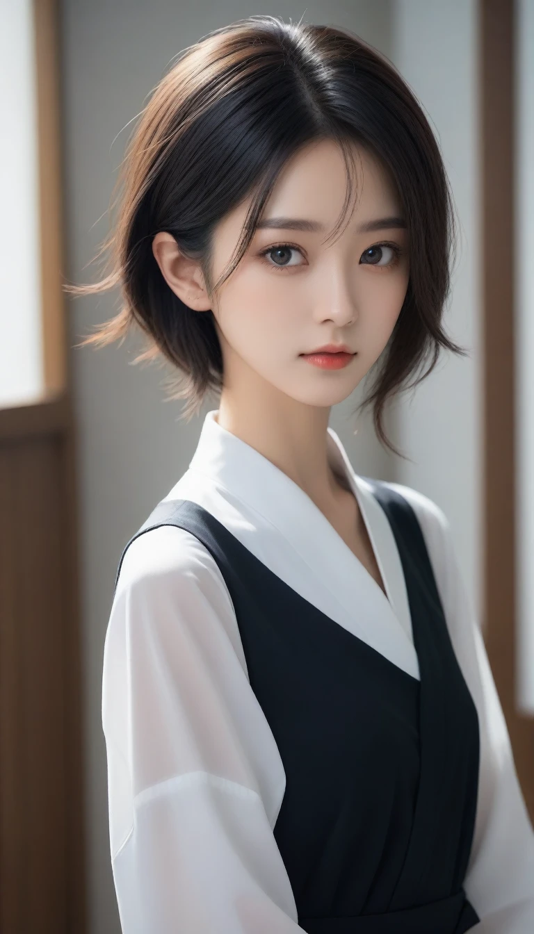 8k, Ultra-high resolution, Highest quality, masterpiece, 三分割法によるphotograph,Surreal, photograph, 1 Girl, (16 years old:1.3), pretty girl, Cute Face, Beautiful eyes in every detail, 細かくdetailedに,masterpiece,One Girl:1.2,Japan Female Teachers,full body,sad,streaming tears,Black short hair,Messy bun hair,(black suit:1.3),Nun's clothing,Black Pencil Skirt,Standing with slightly open legs,(印象派の美しい少女のPortraiture), (Gray background:1.3),(Impressionist light and colour),Dedication to God,Black Stockings,Stiletto pumps,Realistic Skin, Perfect and beautiful face ,完璧でCute Face, Skin with attention to detail, Perfect limbs、Narrow waist,Looking at the audience、beauty,Long neck,clavicle,(((Ideal body type))),A cup small breasts :2,Portraiture:2,Perfect Anatomy,鮮明なdetailed,detailed,Surreal,Light and shadow,spotlight