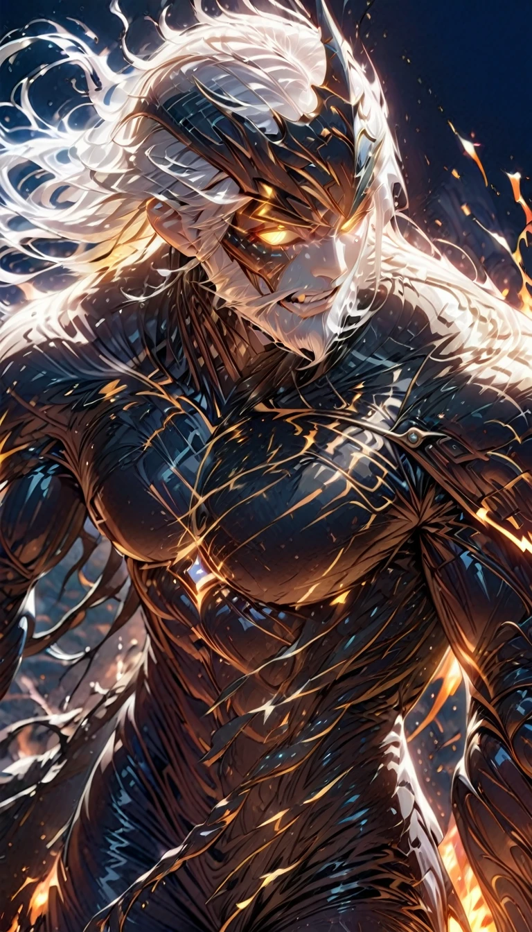 ((best quality)) , ((masterpiece)) , (detailed)，weapon, armor, holding, long hair, facial hair, glowing eyes, 1boy, male focus, holding weapon, glowing, sword, outdoors, helmet, braid, teeth, fire, shoulder armor, pants, grey hair, beard, bangs, holding sword, muscular male, white hair,