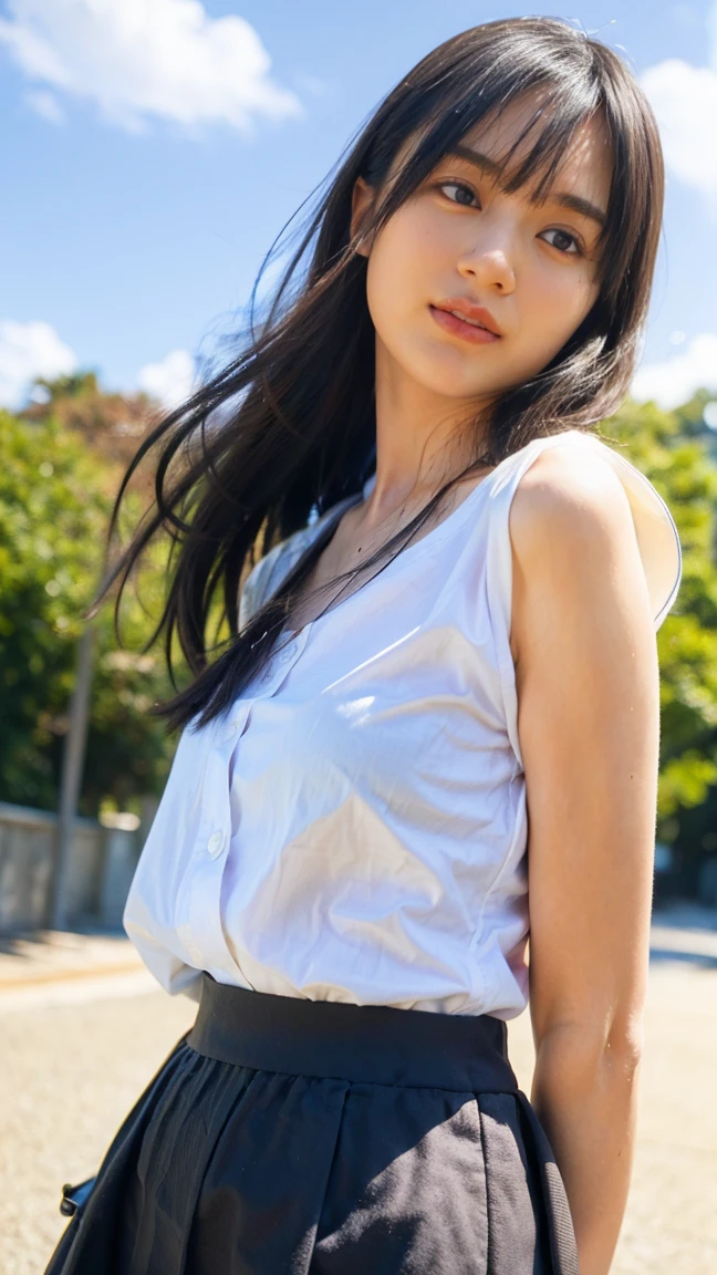 Drawing from below:2.53,One Girl、Beautiful and detailed eyes and face、barefoot、Cute 16 year old Japanese girl, ((Extremely precise and accurate anatomy:1.0)), (photo Realistic:1.4), (hyper Realistic:1.4), (最高品質のRealisticな肌の質感:1.4), (Improvement of quality:1.4), (Enhances the beauty of skin texture:1.1), Clean and glowing skin, mesh, thin:1.2, (Realistic:1.3), Realisticなライティング, (Smoother lighting:1.05), (Improving the quality of cinema lighting:0.9), Backlight, A gentle light for your face, Ray Tracing, (Bright light:1.2), 32K, One Japanese woman, fine grain, Detailed face, (Film Grain:1.1),(Accentuates body lines:1.1), High resolution, Natural look, Kind eyes, Improves hair quality, Delicate light and shadow, Graceful pose, Sharp details, Soft light reflection, Beautiful contours, Delicate skin tone, Fine hair texture, Natural background, (((sunnyた日、School Area、A strong wind is blowing、Her hair and skirt are flying、 Open shirt、Pleated skirt、stroll:1.25、Light of the sun、sunny、stage、Blue sky and white clouds、The joy of youth)))、