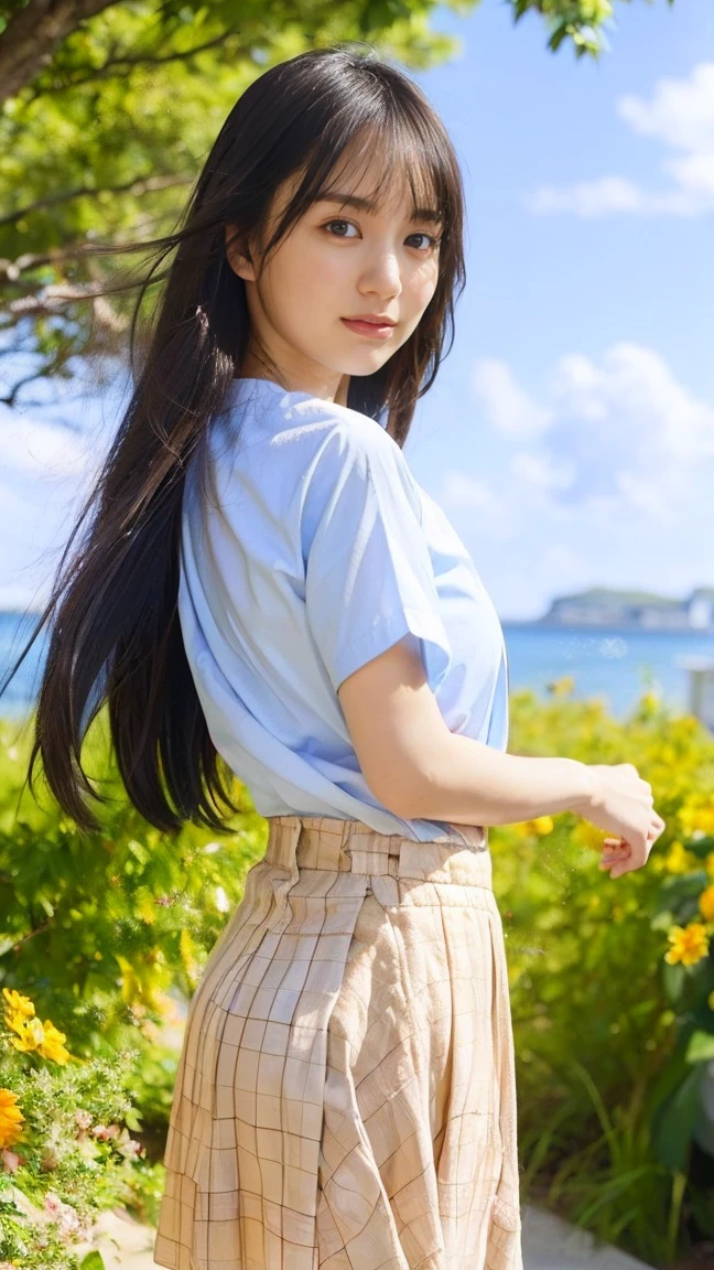Drawing from below:2.53,One Girl、Beautiful and detailed eyes and face、barefoot、Cute 16 year old Japanese girl, ((Extremely precise and accurate anatomy:1.0)), (photo Realistic:1.4), (hyper Realistic:1.4), (最高品質のRealisticな肌の質感:1.4), (Improvement of quality:1.4), (Enhances the beauty of skin texture:1.1), Clean and glowing skin, mesh, thin:1.2, (Realistic:1.3), Realisticなライティング, (Smoother lighting:1.05), (Improving the quality of cinema lighting:0.9), Backlight, A gentle light for your face, Ray Tracing, (Bright light:1.2), 32K, One Japanese woman, fine grain, Detailed face, (Film Grain:1.1),(Accentuates body lines:1.1), High resolution, Natural look, Kind eyes, Improves hair quality, Delicate light and shadow, Graceful pose, Sharp details, Soft light reflection, Beautiful contours, Delicate skin tone, Fine hair texture, Natural background, (((sunnyた日、School Area、A strong wind is blowing、Her hair and skirt are flying、 Open shirt、Pleated skirt、stroll:1.25、Light of the sun、sunny、stage、Blue sky and white clouds、The joy of youth)))、