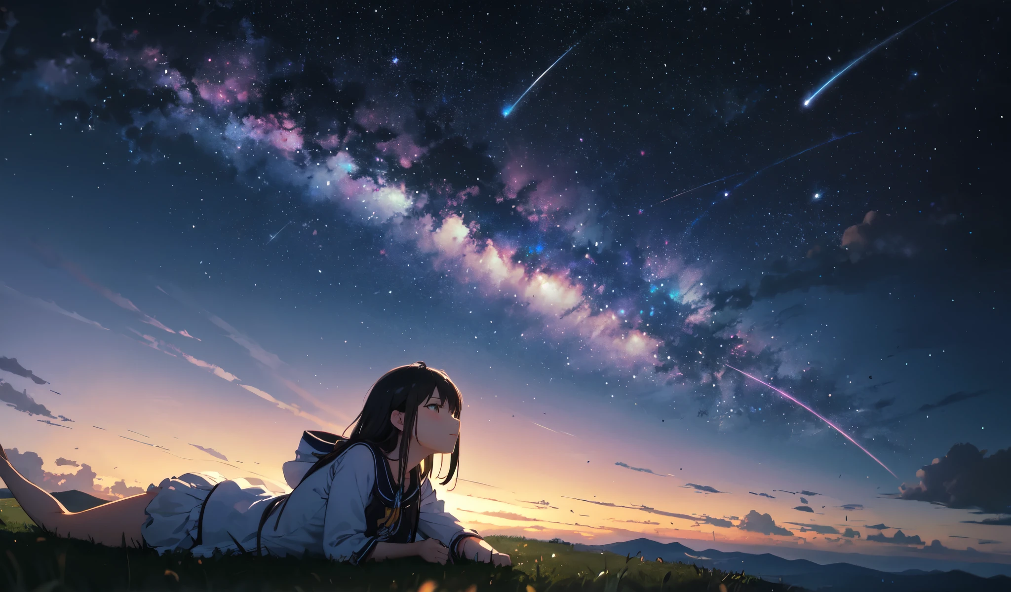 Describe a scene in which a cute girl character is lying on a grassy hill, Look up at the starry sky. Surround her with colorful nebulae and her favorite constellations.