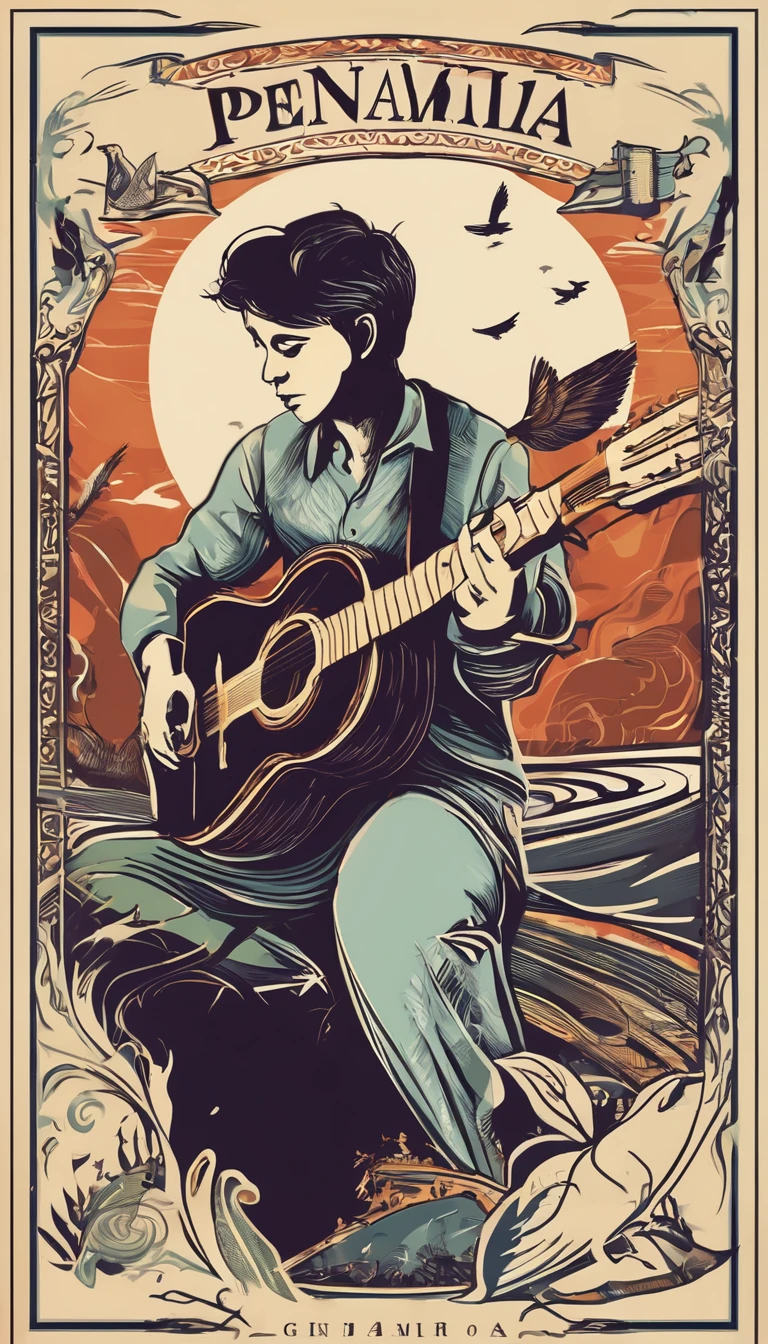 Create a minimal, modern, simple, inspirational, memorable, dream like logo design of a boy playing acoustic guitar to a feather for the brand “Penamemoria". The logo design must convey a sense of storytelling, cinematic storytelling, stories and dreams. Logo design impressed on a book cover