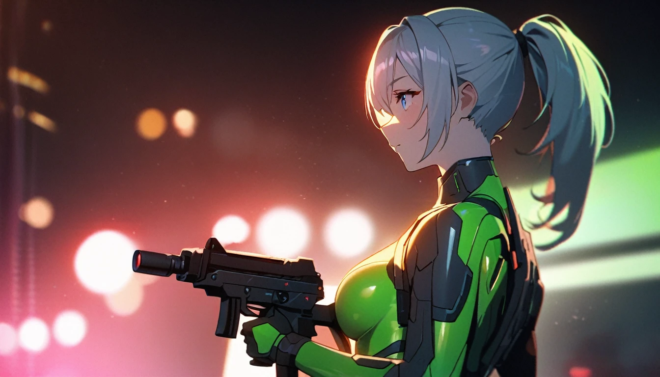 Blue eyes, 1Girl, Sexy sci-fi girl,dynamic sexy action pose, Hold submachine gun, pony tail, shiny skin-tight white-green body, cyberpunk, Amateur photographer, Subsurface scattering, film grain, Very detailed skin structure, good quality, 35mm Photography, film grain, bokeh, Specialist, 4K, muito detalhado, , natta, natta sky, red light, (Silhouette, hard light:1.2), Nordic style, high quality, beautiful picture, masterclass!