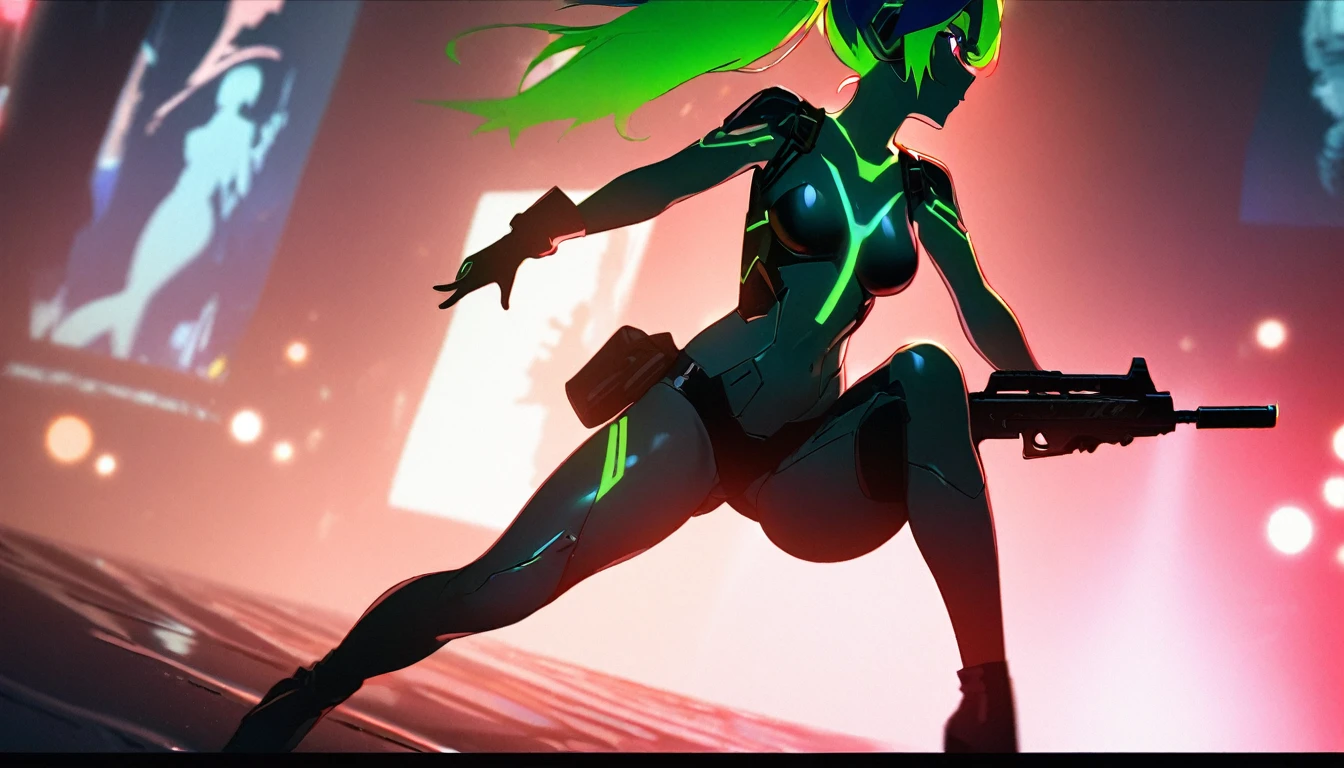 Blue eyes, 1Girl, Sexy sci-fi girl,dynamic sexy action pose, Hold submachine gun, pony tail, shiny skin-tight white-green body, cyberpunk, Amateur photographer, Subsurface scattering, film grain, Very detailed skin structure, good quality, 35mm Photography, film grain, bokeh, Specialist, 4K, muito detalhado, , natta, natta sky, red light, (Silhouette, hard light:1.2), Nordic style, high quality, beautiful picture, masterclass!