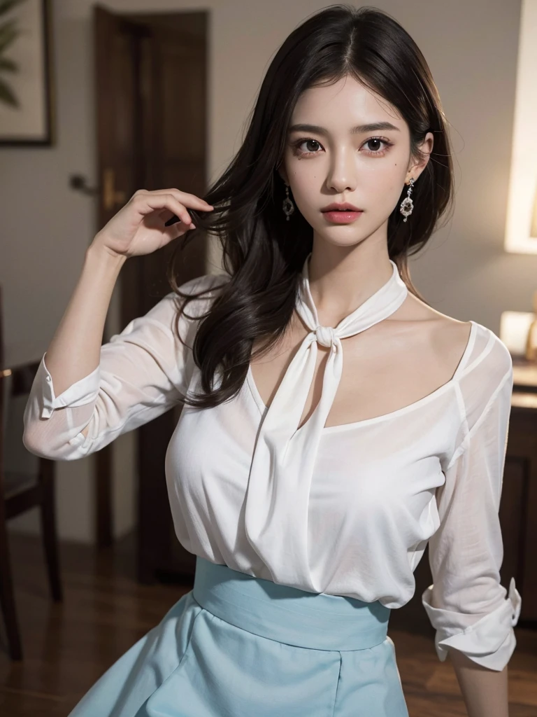 absurdres, RAW photo, extremely delicate and beautiful, masterpiece, Best Quality, ultra high resolution, 32k, hyperrealistic, ultra-detailed, perfect ???????, anatomically correct, perfect figure, Perfect Style, Perfect balance, super Detailed skin, in her 20s, very Slim body, narrow waist, very small head, very small face, delicate facial features, handsome detailed woman, very detailed eyes and face, realistic face proportions, Realistic beautiful face, Realistic beautiful eyes, tearful mole, earring, (very huge round breasts), whole body shot, whole legs, medium hair, asymmetrical hair, indoor, blouse shirt, skirt, tie, 