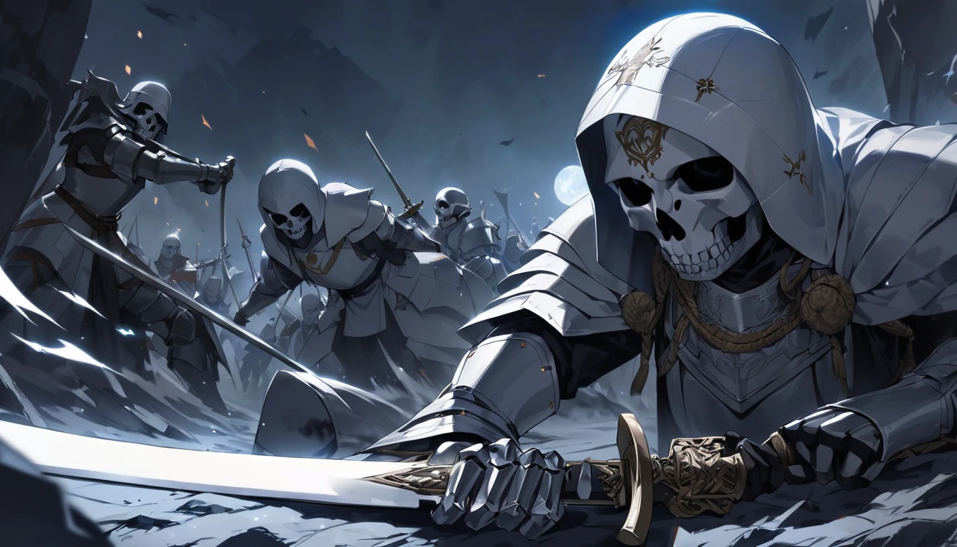 A man with a silver skull that covers his entire face and head, wears medieval Templar-style armor painted white, draws his sword and looks at the sheath lying on the ground while the Templar with a silver skull helmet stands in a fighting position with his sword drawn, all this while night reigns and the moon can be seen in the background of the image