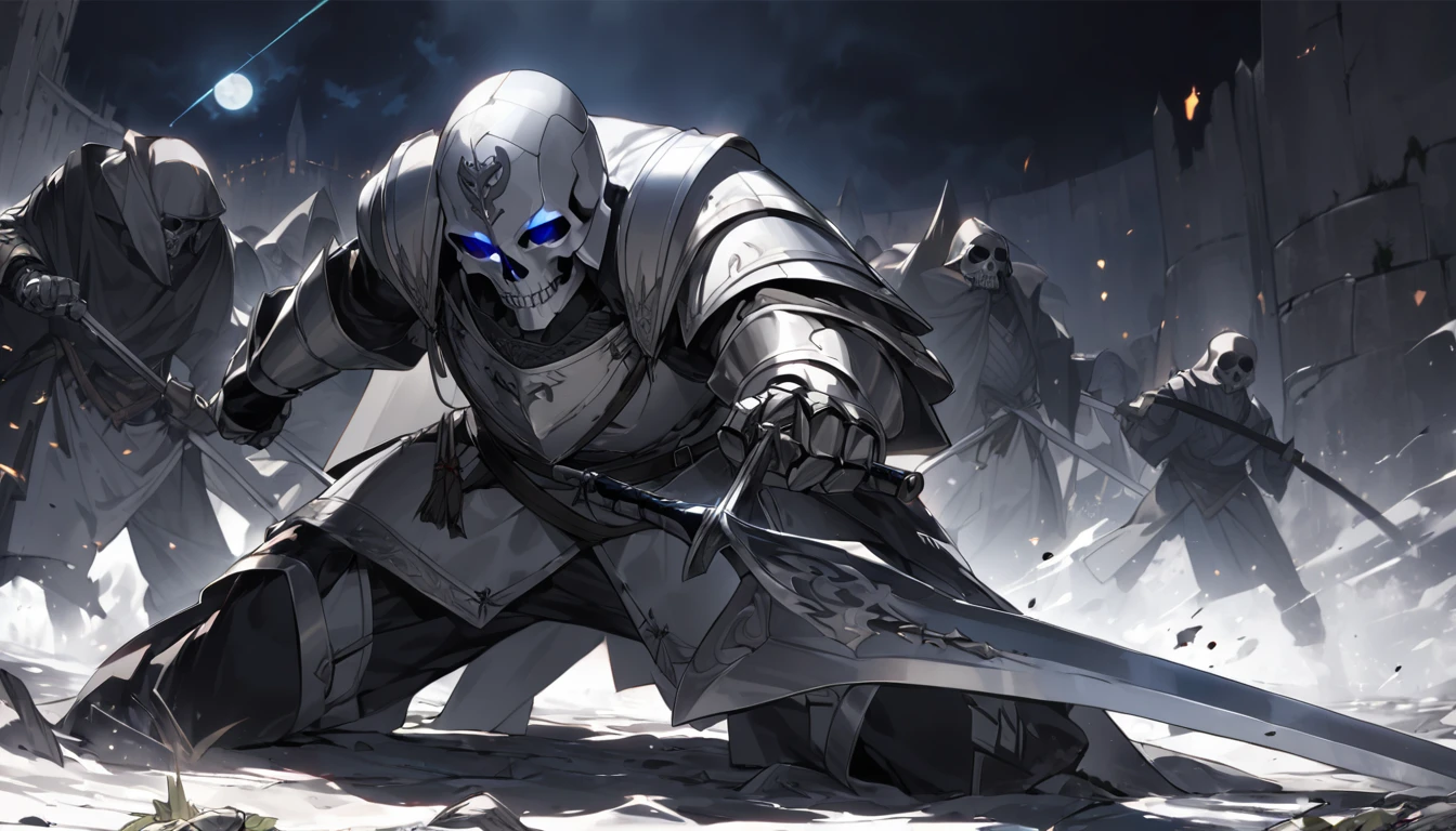 A man with a silver skull that covers his entire face and head, wears medieval Templar-style armor painted white, draws his sword and looks at the  lying on the ground while the Templar with a silver skull helmet stands in a fighting position with his sword drawn, all this while night reigns and the moon can be seen in the background of the image