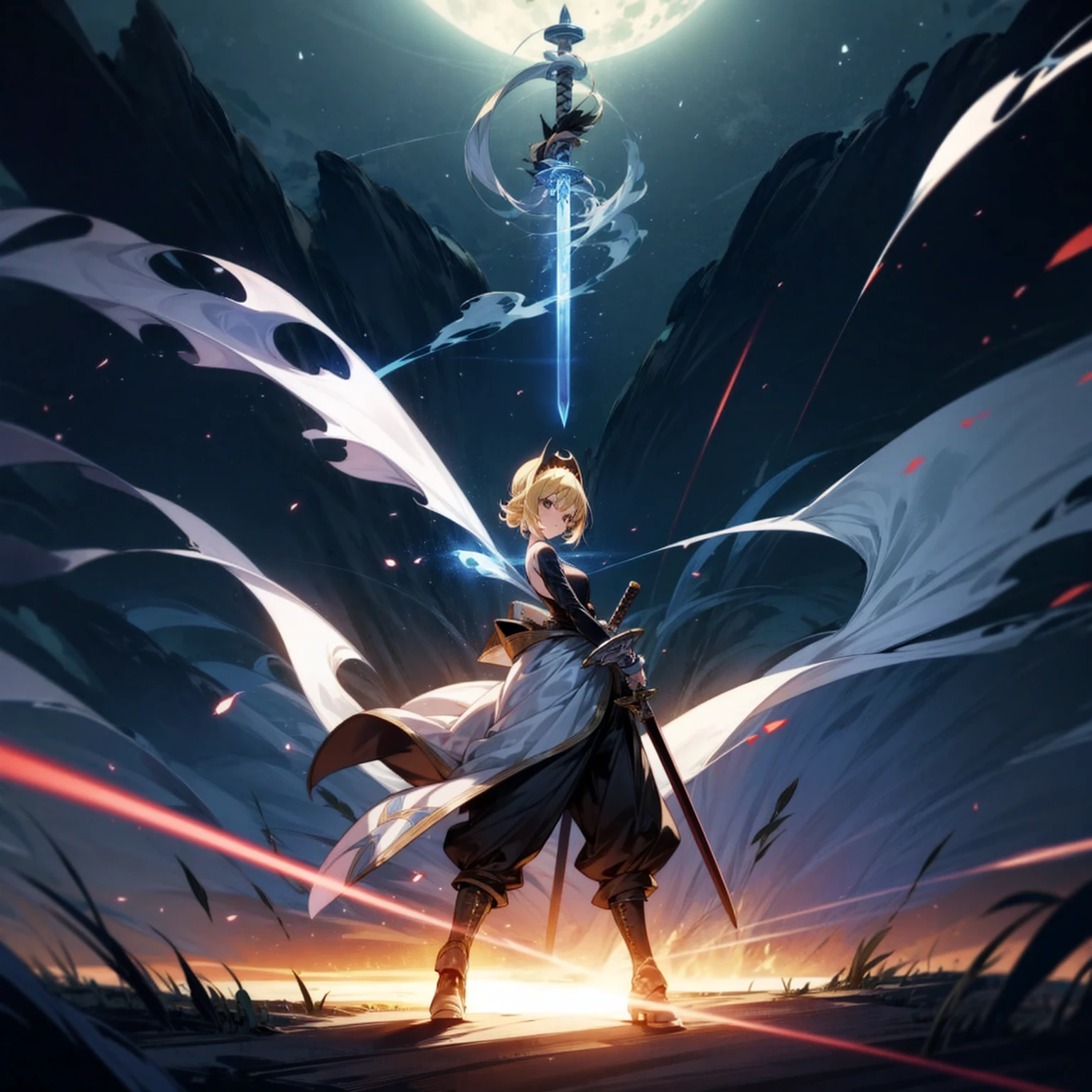 1girl, Full body version, 1character, black eyes, long Frizzy haircut, blonde colour hair, soldier knight clothing, long pants, headband, armors, boots, Grassroots, full background in field, motion blur, lighting, (one piece art), standing poses, sword in hand, lighting effect on sword, lighting blue on sword, fire effect, plasma effect, smoke effect moon, Moonlight, high angle view