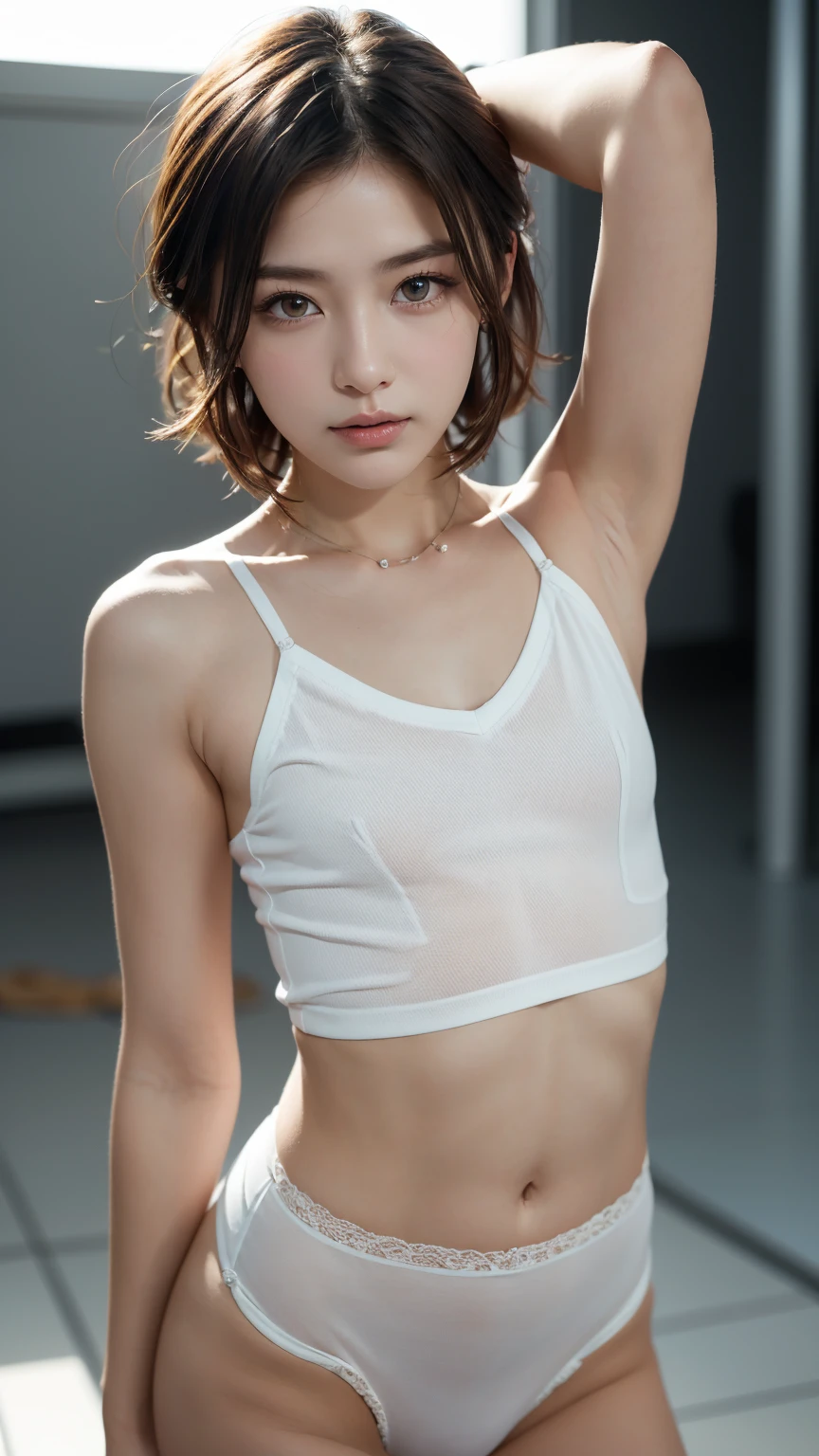 1 girl, (Bare armpits are visible:1.4)、(Standing facing the camera:1.5)、(A camisole that lets your skin show through:1.6),(Small, flat chest:1.7)、 (Looking into the camera:1.5)、Beautiful Japanese actresses, Photogenic, Yukihime, Long eyelashes, Snowflake Earrings, (RAW Photos, highest quality), (reality, reality的:1.4), (Flying debris), Beautiful details, Beautiful lip detail, Highly detailed eyes and face, BREAK is perfect anatomy, The whole body is thin, Small breasts, (short hair:1.3), Angel&#39;smile, Crystal Skin, Wake up, Capture the light
