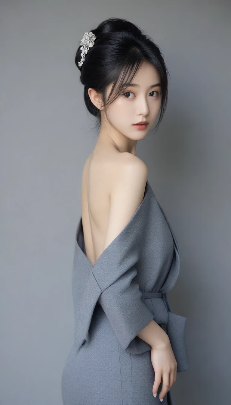 8k, Ultra-high resolution, Highest quality, masterpiece, 三分割法によるphotograph,Surreal, photograph, 1 Girl, (16 years old:1.3), pretty girl, Cute Face, Beautiful eyes in every detail, 細かくdetailedに,masterpiece,One Girl:1.2,Japan Female Teachers,full body,sad,streaming tears,Black short hair,Messy bun hair,(black suit:1.3),Nun's clothing,Black Pencil Skirt,Standing with slightly open legs,(印象派の美しい少女のPortraiture), (Gray background:1.3),(Impressionist light and colour),Dedication to God,Black Stockings,Stiletto pumps,Realistic Skin, Perfect and beautiful face ,完璧でCute Face, Skin with attention to detail, Perfect limbs、Narrow waist,Looking at the audience、beauty,Long neck,clavicle,(((Ideal body type))),A cup small breasts :2,Portraiture:2,Perfect Anatomy,鮮明なdetailed,detailed,Surreal,Light and shadow,spotlight