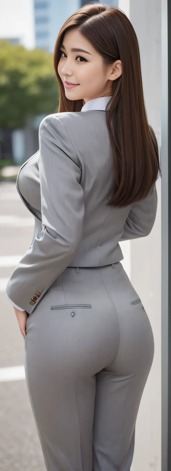 Highest quality, masterpiece, Ultra-high resolution, (Realistic:1.4), RAW Photos, Very detailed, Perfect Anatomy, The most beautiful Japanese female office worker in the world、Back view、((Very friendly smile、Looking back at the camera:1.4))、(((Her beautiful, big, Perfect big ass sticking out for the camera:1.4)))、(Glamorous Body)、Perfect proportions、、Very close to the butt、Drawing from the knees up、lean forward with your hands on your knees、Stick your butt out、Plump butt、((Shoulder hair、Straight hair:1.4))、 1 girl, Age 25, Most popular Japanese idols, ((Wearing a light grey business suit and tight pants、Point your butt up):1.2), (He is wearing a light gray business suit over a white dress shirt.。.、Wearing black high heels。Draw the whole body.。.。.), An innocent smile, Very cute face like the most famous Japanese idol, very beautiful big black round eyes, ((Semi brown hair)), Very beautiful slender body, Very beautiful breasts, Very beautiful ass in light gray business suit pants, very beautiful thin thighs, very beautiful Realistic skin, Pay attention to the butt、Turn around and look at the camera、 A business suit with attention to detail, A good quality white dress shirt、The background is outdoors、Business district