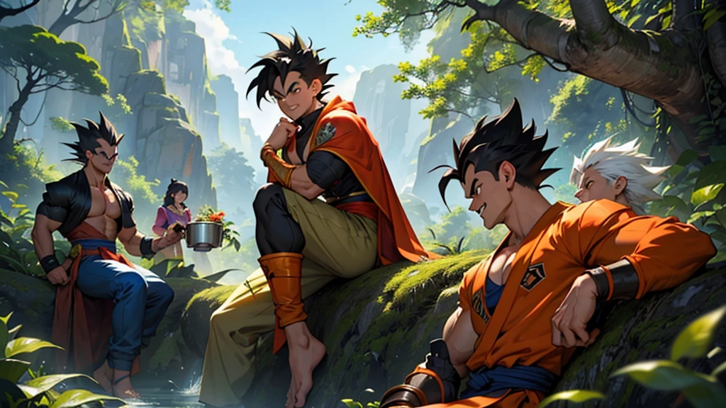 A wide, lush clearing on an unknown planet, surrounded by tall trees with vibrant leaves reflecting the alien sunlight. In the sky, two twin suns shine brightly, tinting the horizon in shades of gold and orange. In the background, majestic mountains rise, their slopes covered in exotic vegetation.

Characters:

Goku: Dressed in his classic orange and blue gi, barefoot, laughing loudly. His spiky black hair and warm aura exude a sense of pure joy. He is holding a large metal mug filled with a foamy alien beverage, about to make a toast.

Vegeta: Wearing his blue and white battle armor, with a slightly serious expression but a discreet smile on his lips. His arms are crossed over his chest, and he is leaning against a large rock, watching the party with an approving look.

Broly: Imposing and muscular, wearing his Saiyan warrior outfit with a billowing red cape. He is in a relaxed position, sitting on a tree trunk while devouring a large piece of alien meat. His expression is one of contentment and amusement.