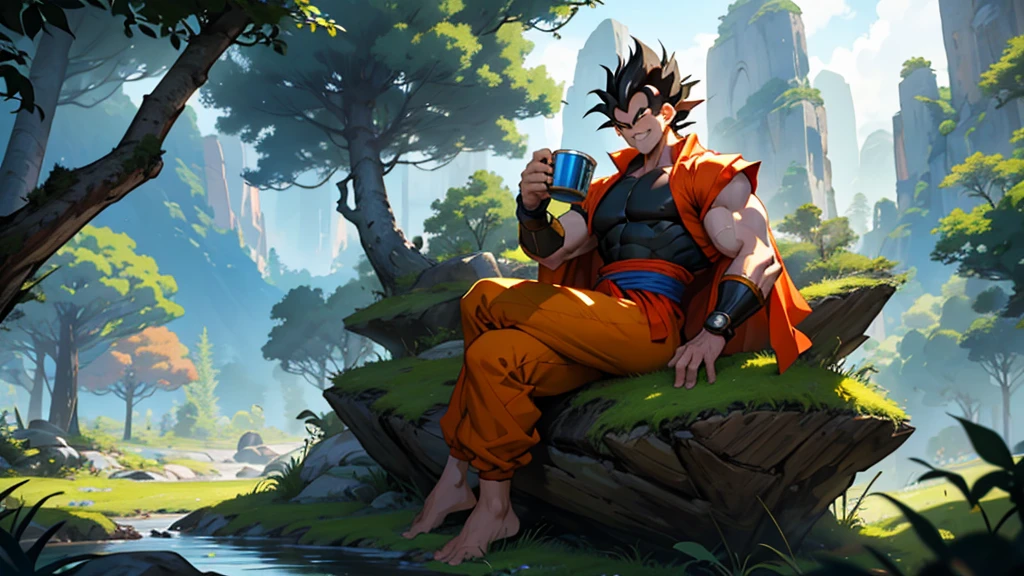 A wide, lush clearing on an unknown planet, surrounded by tall trees with vibrant leaves reflecting the alien sunlight. In the sky, two twin suns shine brightly, tinting the horizon in shades of gold and orange. In the background, majestic mountains rise, their slopes covered in exotic vegetation.
Characters:
Goku: Dressed in his classic orange and blue gi, barefoot, laughing loudly. His spiky black hair and warm aura exude a sense of pure joy. He is holding a large metal mug filled with a foamy alien beverage, about to make a toast.
Vegeta: Wearing his blue and white battle armor, with a slightly serious expression but a discreet smile on his lips. His arms are crossed over his chest, and he is leaning against a large rock, watching the party with an approving look.
Broly: Imposing and muscular, wearing his Saiyan warrior outfit with a billowing red cape. He is in a relaxed position, sitting on a tree trunk while devouring a large piece of alien meat. His expression is one of contentment and amusement.