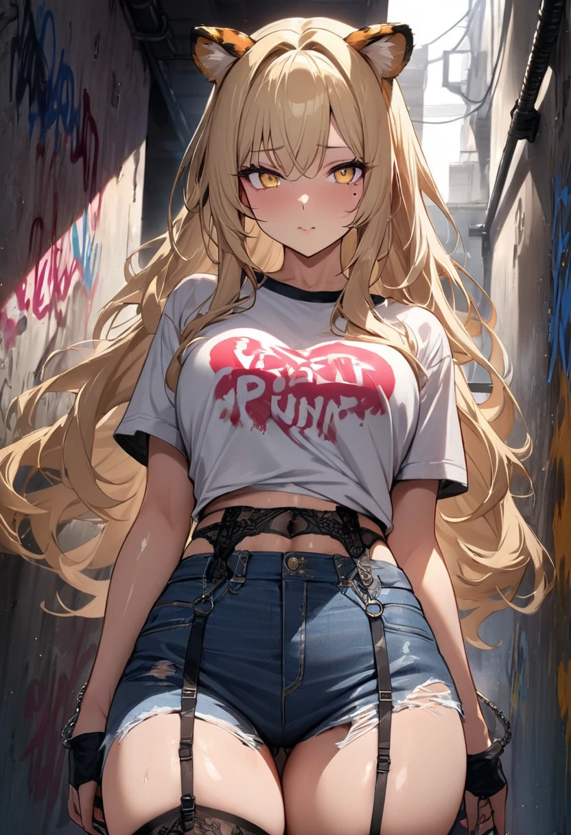 1girl、(((best quality)), ((masterpiece)), (details), masterpiece, best quality, high quality, ulutra detailed, perfect face, ((1girl, blond eyes, tiger ears: 1.3 blond long hair: 2.5,Mole under left eye:2.0))、Shiny Hair、Glowing Skin、Lustful look、 Ripped punk t-shirt, Underhort denim ripped、garter belt jeans, chain, In the back alley, Spray graffiti on the wall、