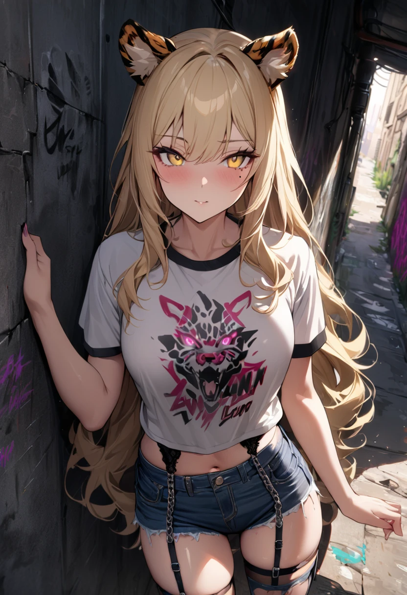 1girl、(((best quality)), ((masterpiece)), (details), masterpiece, best quality, high quality, ulutra detailed, perfect face, ((1girl, blond eyes, tiger ears: 1.3 blond long hair: 2.5,Mole under left eye:2.0))、Shiny Hair、Glowing Skin、Lustful look、 Ripped punk t-shirt, Underhort denim ripped、garter belt jeans, chain, In the back alley, Spray graffiti on the wall、
