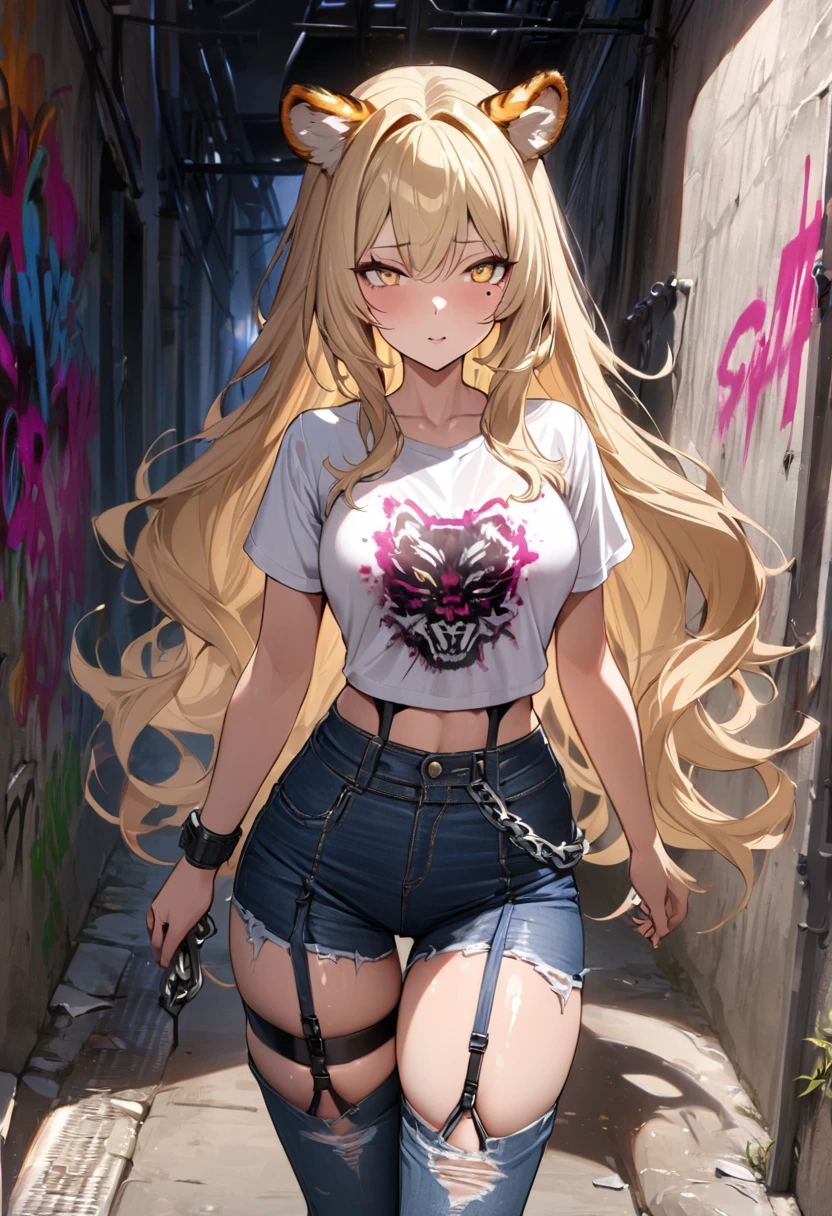 1girl、(((best quality)), ((masterpiece)), (details), masterpiece, best quality, high quality, ulutra detailed, perfect face, ((1girl, blond eyes, tiger ears: 1.3 blond long hair: 2.5,Mole under left eye：2.0))、Shiny Hair、Glowing Skin、Lustful look、 Ripped punk t-shirt, Underhort denim ripped、garter belt jeans, chain, In the back alley, Spray graffiti on the wall、