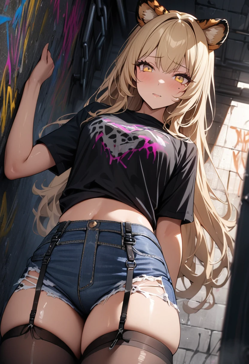 1girl、(((best quality)), ((masterpiece)), (details), masterpiece, best quality, high quality, ulutra detailed, perfect face, ((1girl, blond eyes, tiger ears: 1.3 blond long hair: 2.5,Mole under left eye:2.0))、Shiny Hair、Glowing Skin、Lustful look、 Ripped punk t-shirt, Underhort denim ripped、garter belt jeans, chain, In the back alley, Spray graffiti on the wall、