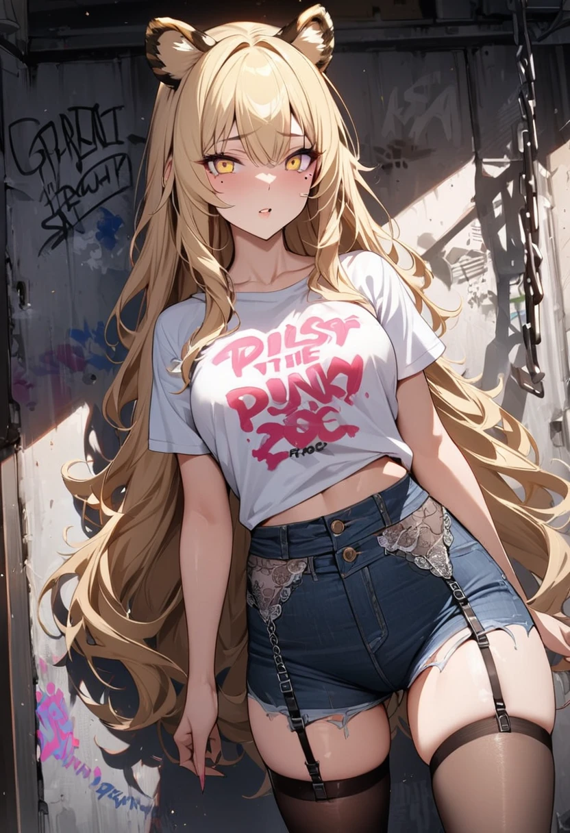 1girl、(((best quality)), ((masterpiece)), (details), masterpiece, best quality, high quality, ulutra detailed, perfect face, ((1girl, blond eyes, tiger ears: 1.3 blond long hair: 2.5,Mole under left eye:2.0))、Shiny Hair、Glowing Skin、Lustful look、 Ripped punk t-shirt, Underhort denim ripped、garter belt jeans, chain, In the back alley, Spray graffiti on the wall、