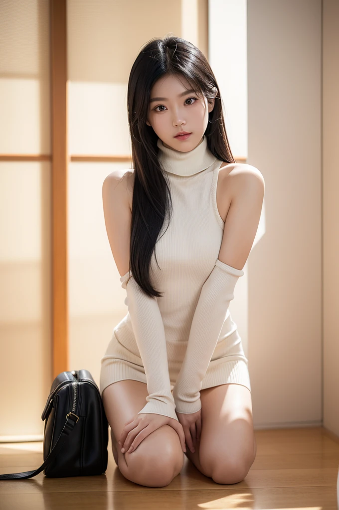 (Tit, Turtleneck Knit, Shoulder Bag), (Top Quality, Masterpiece: 1.3, Ultra High Resolution,), (Ultra Detail, Caustics), (Photoreal: 1.4, RAW Shooting,) Ultra Realistic Capture, Highly Detailed , High resolution 16K like human skin, natural skin texture, skin tone looks even and healthy, uses natural light and color, 1 female, 25 years old Japanese, cute, Black hair, long hair, (depth of border notation, chromatic aberration, wide lighting range, natural shading,), (hair swaying in the wind: 1.2), room, crawling on all fours, massage costume, exposed skin, short skirt,