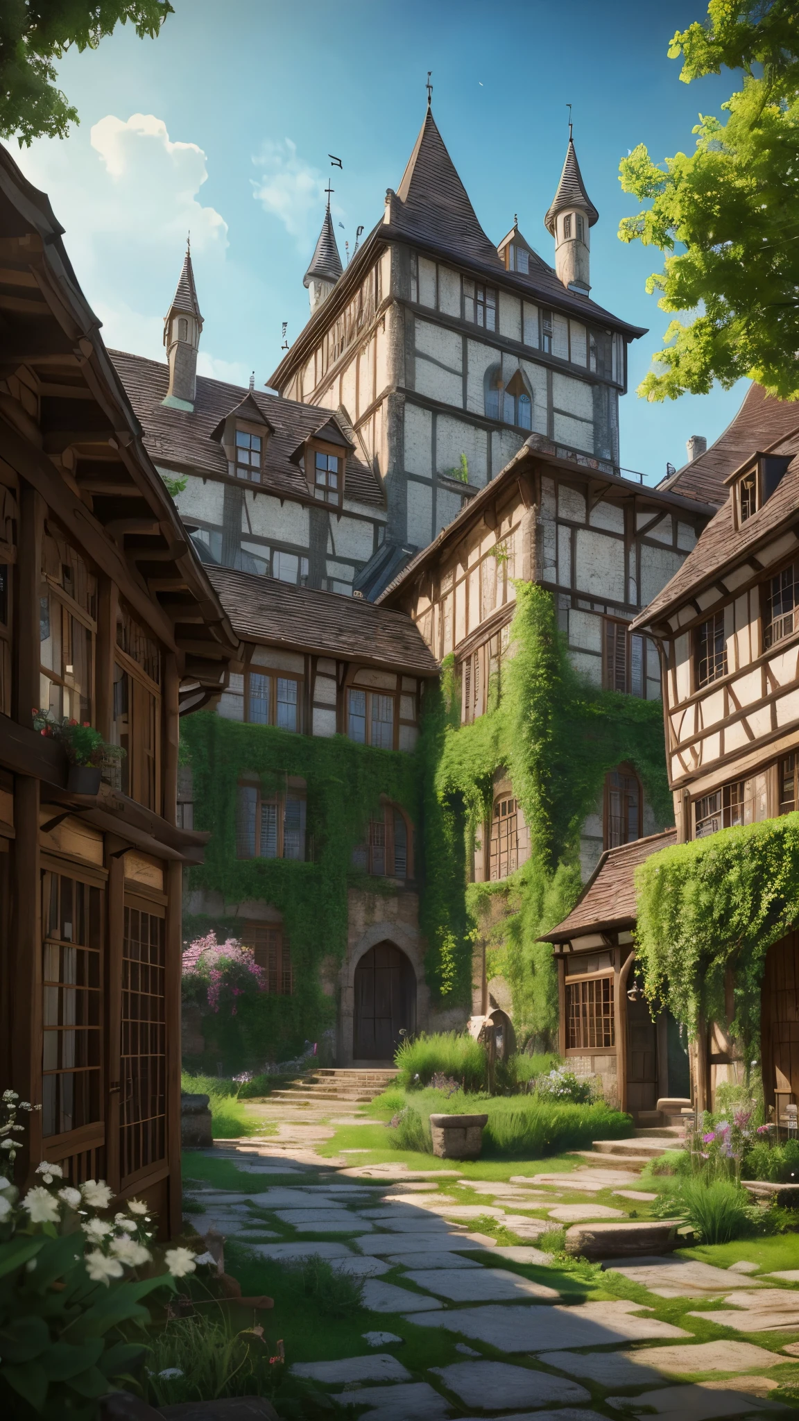 4K, Realistic, Very detailed, Wide-angle lens, Wet medieval town, Vibrant, Fantastic plants, Big House, Makoto Shinkai style, Anime Background, Concept Art, (Characters are not displayed), Realistic lighting, A magnificent composition, Spread, (masterpiece, Highest quality), Super HD, 32K --v 6