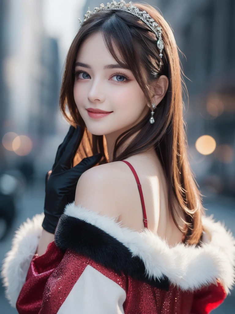 A stunning portrait of Anna Dittman-like beauty, dressed in a fitted red and white dress with fur trim, wide sleeves, and gloves, set against a darker bokeh background. Her long ash-brown hair cascades down her back as she gazes directly at the viewer with a captivating smile (1, 4). Her realistic violet eyes sparkle with intrigue. The focus is sharp, highlighting the intricate details of her outfit, from the delicate patterns to the subtle texture of the fur trim. A stunning example of hyper-detailed close-up photography.