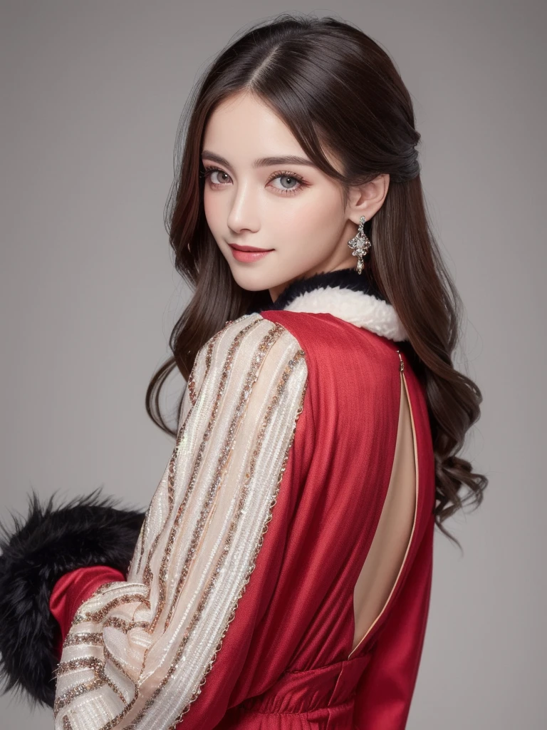A stunning portrait of Anna Dittman-like beauty, dressed in a fitted red and white dress with fur trim, wide sleeves, and gloves, set against a darker bokeh background. Her long ash-brown hair cascades down her back as she gazes directly at the viewer with a captivating smile (1, 4). Her realistic violet eyes sparkle with intrigue. The focus is sharp, highlighting the intricate details of her outfit, from the delicate patterns to the subtle texture of the fur trim. A stunning example of hyper-detailed close-up photography.