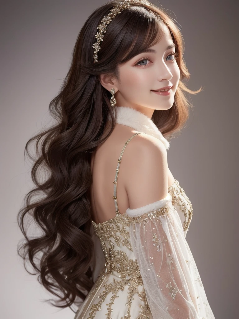 A stunning portrait of Anna Dittman-like beauty, dressed in a fitted red and white dress with fur trim, wide sleeves, and gloves, set against a darker bokeh background. Her long ash-brown hair cascades down her back as she gazes directly at the viewer with a captivating smile (1, 4). Her realistic violet eyes sparkle with intrigue. The focus is sharp, highlighting the intricate details of her outfit, from the delicate patterns to the subtle texture of the fur trim. A stunning example of hyper-detailed close-up photography.