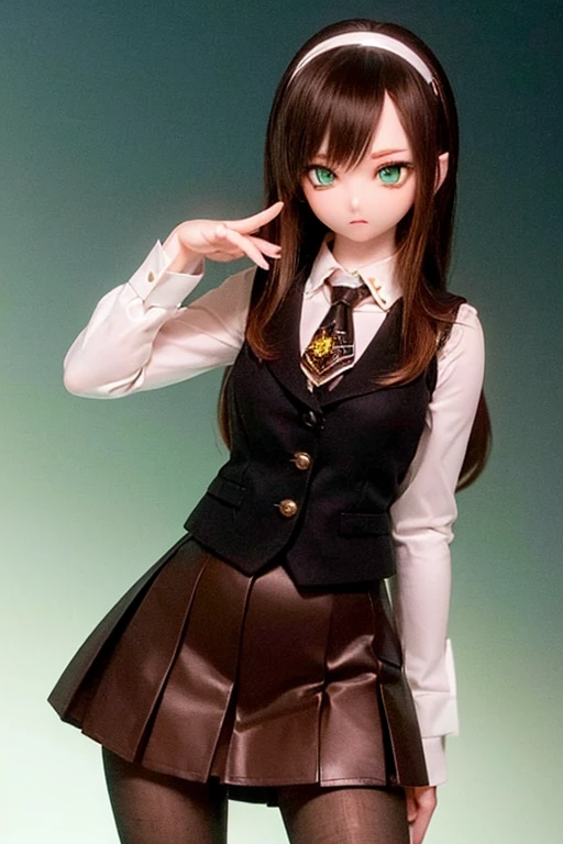 (SFW:2), photorealistic, realistic photo, 8k, ((highest quality)), ((masterpiece)), (extremely detailed), kukolnydom, doll, (mature woman, 21yo, 21 years old, solo:1.6), ((cowboy shot, dynamic pose, slim, slender, skinny, medium breasts, hairband, ascot, vest, blouse, long puff sleeves, pleated skirt, black pantyhose)), (green eyes, brown hair, long hair, plastic skin, looking at another, glass eyes, gradient eyes, shining eyes, detailed eyes:1.3)