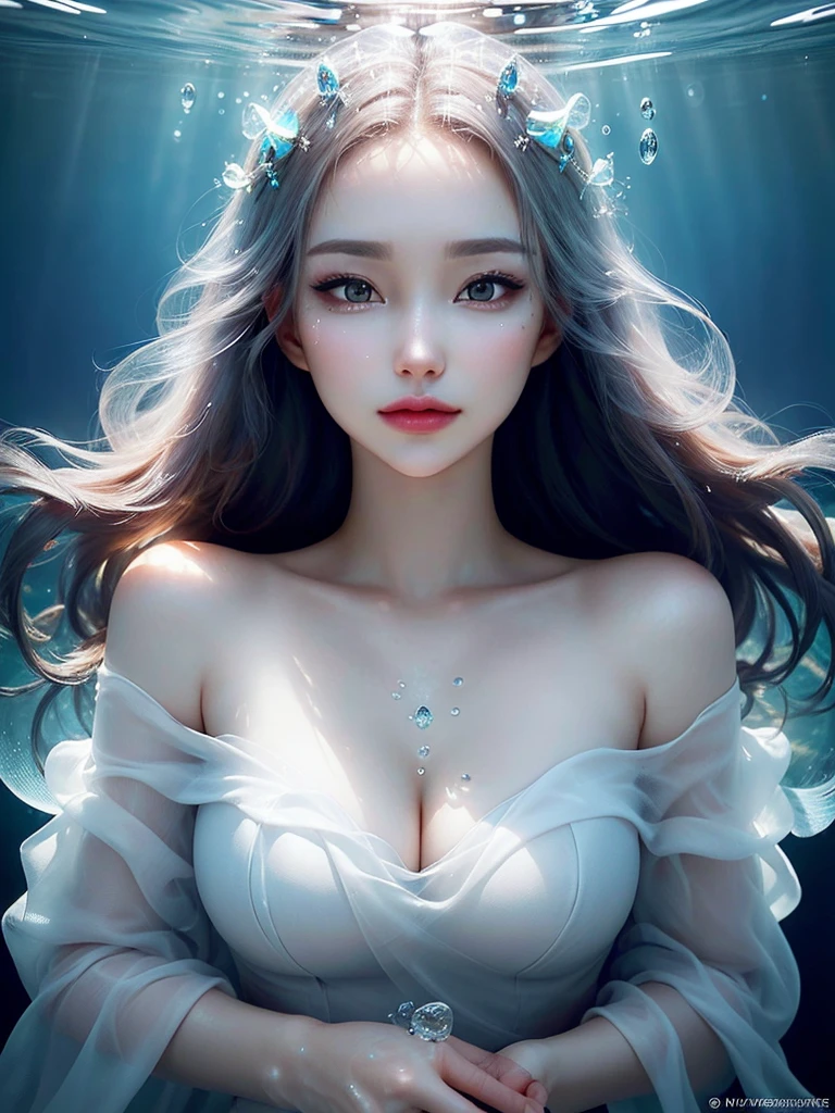 beautiful woman, reality, best quality, portrait, close up, detailed face and eyes, dress, underwater hair physics, air bubbles, ((light coming through water)), solo focus, depth of field, ambient lighting, atmospheric, intricate details, soft light, artstation, ((look at the view, face up)),look up
