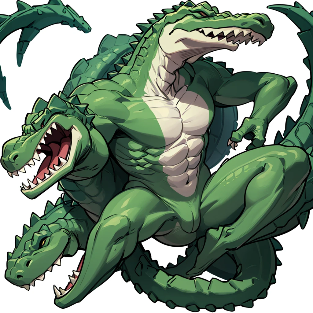 (Full body character concept、group)、8k、Best illustrations、Best Quality、((((No humans)))), reptiles,, green body, Crocodile human, Muscular,、Combat Stance、(Crocodile scales)、From below、(White background)